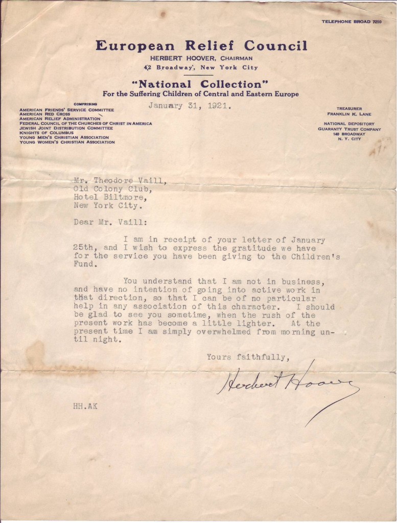 HOOVER, HERBERT. Typed Letter Signed, as Chairman of the European Relief Council,